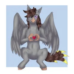 Size: 2100x2100 | Tagged: safe, artist:yauriko, derpibooru import, oc, oc:luxor, classical hippogriff, hippogriff, chest fluff, heart hands, image, looking at you, one eye closed, partially open wings, png, simple background, sitting, unshorn fetlocks, wings, wink, winking at you