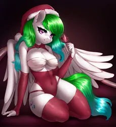 Size: 1877x2048 | Tagged: suggestive, artist:yutakira92, derpibooru import, oc, unofficial characters only, anthro, alcohol, big breasts, breasts, christmas, cleavage, clothes, detached sleeves, female, glass, hat, holiday, image, jpeg, looking at you, santa hat, smiling, socks, solo, solo female, spread wings, stockings, thigh highs, wine, wine glass, wings