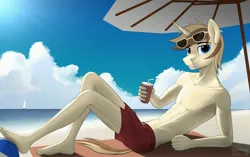 Size: 3350x2100 | Tagged: safe, artist:dash wang, derpibooru import, oc, oc:cream brun, unofficial characters only, anthro, unicorn, beach, beach ball, clothes, hand, image, jpeg, male, partial nudity, solo, sunglasses, topless