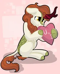 Size: 895x1100 | Tagged: safe, artist:cadetredshirt, derpibooru import, autumn blaze, kirin, pony, awwtumn blaze, cloven hooves, commission, cute, digital art, floppy ears, heart, hearts and hooves day, holiday, image, jpeg, looking up, scales, shy, simple background, sitting, smiling, solo, valentine, valentine's day, ych result