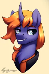 Size: 2000x3000 | Tagged: safe, artist:jedayskayvoker, derpibooru import, oc, oc:duskshy, pony, bust, chest fluff, clothes, curved horn, cute, eyebrows, horn, icon, image, male, patreon, patreon reward, png, portrait, simple background, smiling, solo, stallion, thick eyebrows
