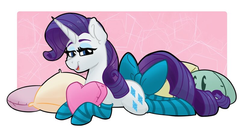 Size: 1583x891 | Tagged: safe, artist:cadetredshirt, derpibooru import, rarity, pony, unicorn, bedroom eyes, blue eyes, bow, clothes, commission, curly mane, curly tail, digital art, ear fluff, eyelashes, eyeshadow, female, g4, heart, heart pillow, horn, hug, image, jpeg, looking at you, lying down, makeup, mare, open mouth, open smile, pillow, pillow hug, prone, purple mane, purple tail, shading, simple background, smiling, smiling at you, smug, socks, solo, solo female, striped socks, tail, tail bow, ych result