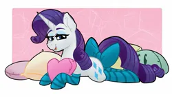 Size: 1583x891 | Tagged: safe, artist:cadetredshirt, derpibooru import, rarity, pony, unicorn, bedroom eyes, blue eyes, bow, clothes, commission, curly mane, curly tail, digital art, ear fluff, eyelashes, eyeshadow, female, g4, heart, heart pillow, horn, hug, image, jpeg, looking at you, lying down, makeup, mare, open mouth, open smile, pillow, pillow hug, prone, purple mane, purple tail, shading, simple background, smiling, smiling at you, smug, socks, solo, solo female, striped socks, tail, tail bow, ych result