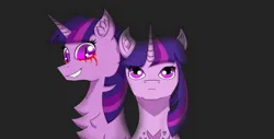 Size: 1635x828 | Tagged: safe, artist:nismorose, derpibooru import, linky, shoeshine, twilight sparkle, oc, oc:midnight sparkle, pony, unicorn, equestria girls, black background, blood, chest fluff, crying, ear fluff, evil grin, evil twilight, eyelashes, fanfic art, fanfic in the description, female, grin, horn, image, jpeg, looking at you, mare, midnight sparkle, sharp teeth, simple background, slit pupils, smiling, tears of blood, teary eyes, teeth, unicorn twilight, youtube link, youtube link in the description