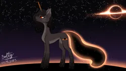 Size: 3662x2080 | Tagged: safe, artist:lightning bolty, derpibooru import, oc, unofficial characters only, pony, unicorn, accretion disk, blackhole, blackhole standing, blackhole tail, ethereal mane, event horizon, female, gradient background, gradient eyes, gradient hooves, gradient horn, horn, image, mare, pale belly, png, short mane, signature, solo, space, starry hooves, starry mane, starry tail, stars, tail, unicorn oc