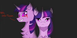 Size: 1641x828 | Tagged: safe, artist:nismorose, derpibooru import, twilight sparkle, oc, oc:midnight sparkle, pony, unicorn, equestria girls, black background, blood, chest fluff, crying, dialogue, ear fluff, evil grin, evil twilight, eyelashes, fanfic art, fanfic in the description, female, grin, horn, image, jpeg, looking at someone, looking at you, mare, midnight sparkle, sharp teeth, simple background, slit pupils, smiling, speech, talking, tears of blood, teary eyes, teeth, text, unicorn twilight, youtube link