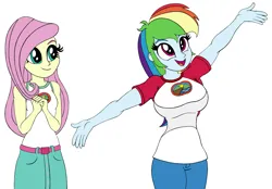 Size: 1550x1080 | Tagged: safe, artist:roseluck, derpibooru import, fluttershy, rainbow dash, human, equestria girls, legend of everfree, arms in the air, bare shoulders, belt, big breasts, breasts, busty rainbow dash, camp everfree outfits, clothes, colored sketch, derpibooru exclusive, duo, duo female, female, hands together, happy, image, looking at someone, looking up, missing accessory, open mouth, open smile, pants, png, scene interpretation, shirt, simple background, skirt, smiling, standing, t-shirt, tanktop, three quarter view, white background