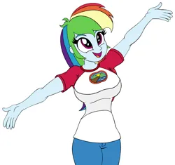 Size: 1150x1080 | Tagged: safe, artist:roseluck, derpibooru import, rainbow dash, human, equestria girls, legend of everfree, arms in the air, big breasts, breasts, busty rainbow dash, camp everfree outfits, clothes, colored sketch, cropped, derpibooru exclusive, female, happy, image, looking up, missing accessory, open mouth, open smile, pants, png, scene interpretation, shirt, simple background, smiling, solo, standing, t-shirt, three quarter view, white background