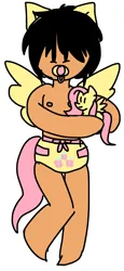 Size: 540x1170 | Tagged: safe, derpibooru import, fluttershy, oc, human, original species, pegasus, plush pony, pony, abdl, adult, clothes, cutie mark, diaper, female, happy, holding, holding a pony, human oc, image, male, nipples, no pants, non-pony oc, nudity, pacifier, partial nudity, plushie, png, pony ears, simple background, tail, topless, white background, wings