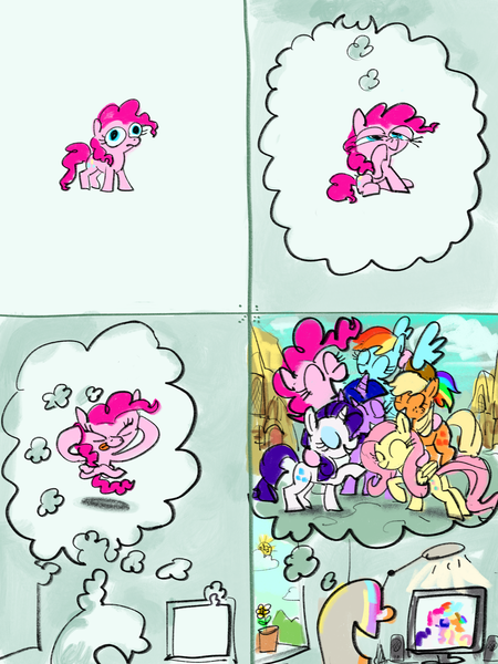 Size: 3000x4000 | Tagged: safe, artist:ja0822ck, derpibooru import, applejack, fluttershy, pinkie pie, princess celestia, rainbow dash, rarity, twilight sparkle, earth pony, human, pegasus, pony, unicorn, and that's how equestria was made, applejack's hat, comic, cowboy hat, female, hat, hug, image, imagination, mane six, mare, png, ponyville, thought bubble, tongue out