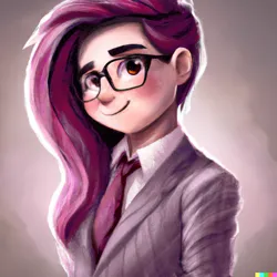 Size: 1024x1024 | Tagged: safe, dall-e 2, derpibooru import, editor:jesterofdestiny, machine learning generated, fluttershy, human, blushing, clothes, glasses, humanized, image, necktie, palette swap, png, recolor, smiling, solo, suit