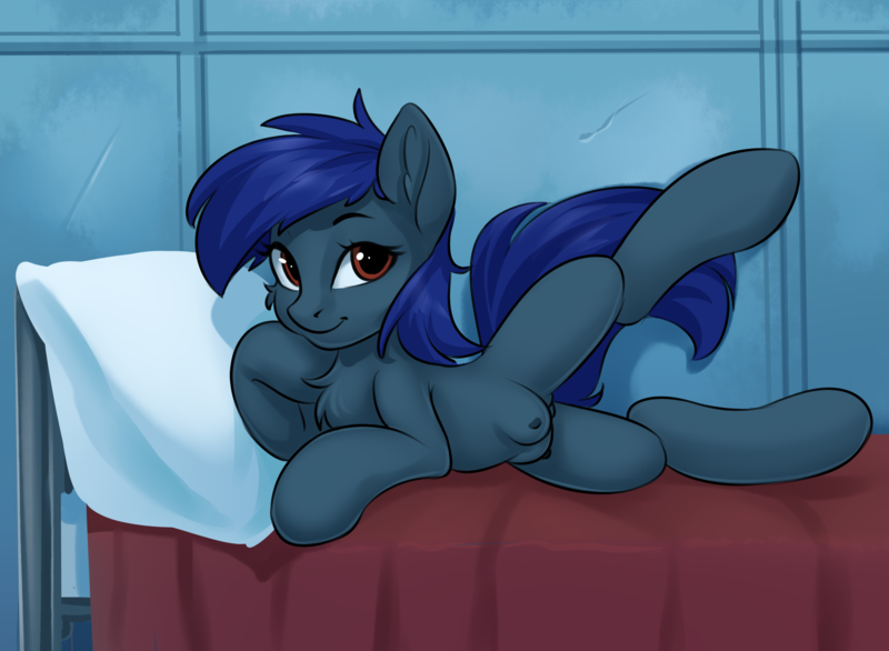 Size: 2730x2000 | Tagged: explicit, artist:kittytitikitty, derpibooru import, oc, unofficial characters only, pony, bed, bedroom, chest fluff, crotchboobs, female, image, inviting, lifted leg, looking at you, mare, nipples, nudity, pillow, png, pony oc, presenting, solo, solo female, spread legs, spreading, vulva