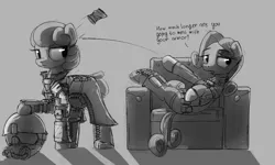 Size: 2280x1372 | Tagged: safe, artist:uteuk, derpibooru import, shady, oc, oc:natrix capefiv, earth pony, pony, armor, black and white, can, couch, elite rior gear, fallout, fallout: new vegas, female, grayscale, helmet, image, jpeg, mare, monochrome, ncr ranger, simple background, stealth armor, throwing