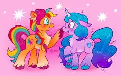 Size: 2048x1298 | Tagged: safe, artist:alexbeeza, derpibooru import, izzy moonbow, sunny starscout, earth pony, pony, unicorn, boop, cute, duo, duo female, female, g5, image, izzybetes, jpeg, looking at each other, looking at someone, scene interpretation, smiling, sunnybetes