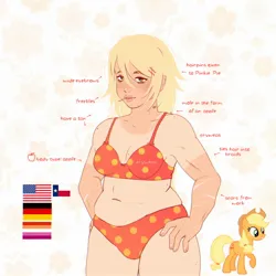 Size: 2048x2048 | Tagged: suggestive, artist:cryweas, derpibooru import, applejack, earth pony, human, pony, alternate hairstyle, applejack's hat, belly button, bra, chubby, clothes, cowboy hat, farmer's tan, female, freckles, germany, hat, humanized, image, jpeg, lesbian pride flag, panties, pride, pride flag, raised hoof, red underwear, reference sheet, scar, simple background, solo, solo female, straw in mouth, tan lines, texas, underwear, united states, white background