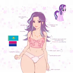 Size: 2048x2048 | Tagged: suggestive, artist:cryweas, derpibooru import, starlight glimmer, human, pony, unicorn, belly button, bisexual pride flag, bra, clothes, ear piercing, earring, eyeshadow, female, humanized, image, implied fluttershy, implied rarity, jewelry, jpeg, kazakhstan, lipstick, makeup, mare, nail polish, necklace, panties, piercing, pride, pride flag, reference sheet, scar, simple background, solo, solo female, tattoo, underwear, white background, white underwear