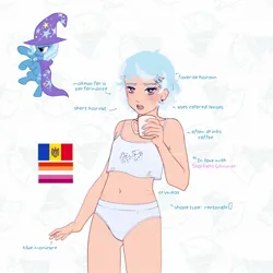 Size: 2048x2048 | Tagged: suggestive, artist:cryweas, derpibooru import, trixie, human, pony, unicorn, alternate hairstyle, belly button, blue underwear, bra, cape, clothes, coffee, coffee cup, cup, ear piercing, earring, face paint, female, hairpin, hat, humanized, image, implied lesbian, implied shipping, implied starlight glimmer, implied startrix, jewelry, jpeg, lesbian pride flag, lipstick, mare, moldova, mug, nail polish, open mouth, panties, piercing, pride, pride flag, reference sheet, simple background, solo, solo female, species swap, trixie's cape, trixie's hat, underwear, white background