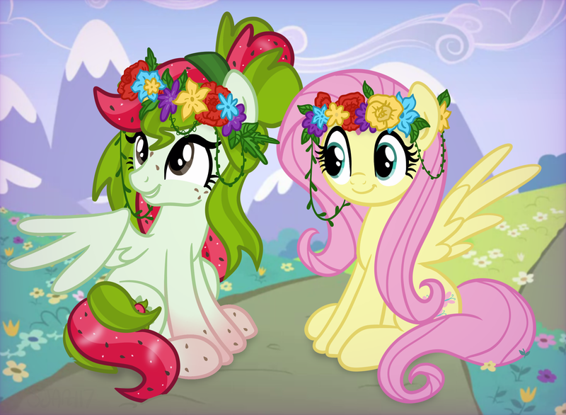 Size: 2768x2029 | Tagged: safe, artist:sjart117, derpibooru import, fluttershy, oc, oc:watermelana, pegasus, pony, cloud, female, field, floral head wreath, flower, flower in hair, freckles, gradient hooves, hippie, hippieshy, image, mare, mountain, path, png, sitting, smiling