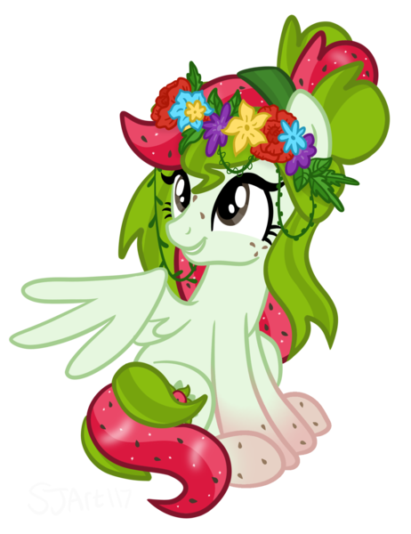 Size: 1564x2029 | Tagged: safe, artist:sjart117, derpibooru import, oc, oc:watermelana, unofficial characters only, pegasus, pony, female, floral head wreath, flower, flower in hair, freckles, gradient hooves, hippie, image, mare, pegasus oc, png, simple background, sitting, smiling, transparent background, wings