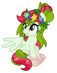 Size: 1564x2029 | Tagged: safe, artist:sjart117, derpibooru import, oc, oc:watermelana, unofficial characters only, pegasus, pony, female, floral head wreath, flower, flower in hair, freckles, gradient hooves, hippie, image, mare, pegasus oc, png, simple background, sitting, smiling, transparent background, wings
