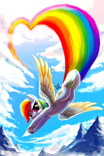 Size: 1217x1830 | Tagged: safe, artist:eiolf, derpibooru import, rainbow dash, pegasus, pony, flying, image, looking at you, png, rainbow trail, solo, sonic rainboom, two toned wings, wings