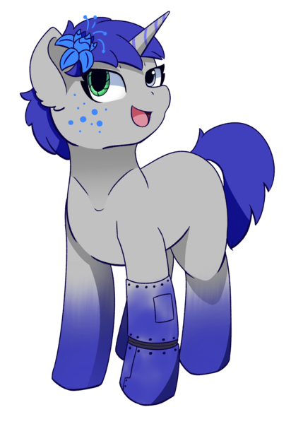 Size: 1652x2308 | Tagged: safe, artist:backgroundpony#f352, derpibooru import, oc, oc:astral blaze, unofficial characters only, cyborg, pony, unicorn, derpibooru community collaboration, 2023 community collab, community related, eyes open, female, flower, flower in hair, horn, image, looking sideways, mare, open mouth, png, poison joke, robot eye, robotic legs, rule 63, simple background, smiling, solo, transparent background