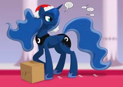 Size: 2807x2000 | Tagged: safe, artist:runningtoaster, derpibooru import, part of a set, princess luna, alicorn, pony, cardboard box, christmas, dialogue, female, hat, high res, holiday, hoof shoes, image, indoors, looking at something, mare, offscreen character, png, santa hat, solo