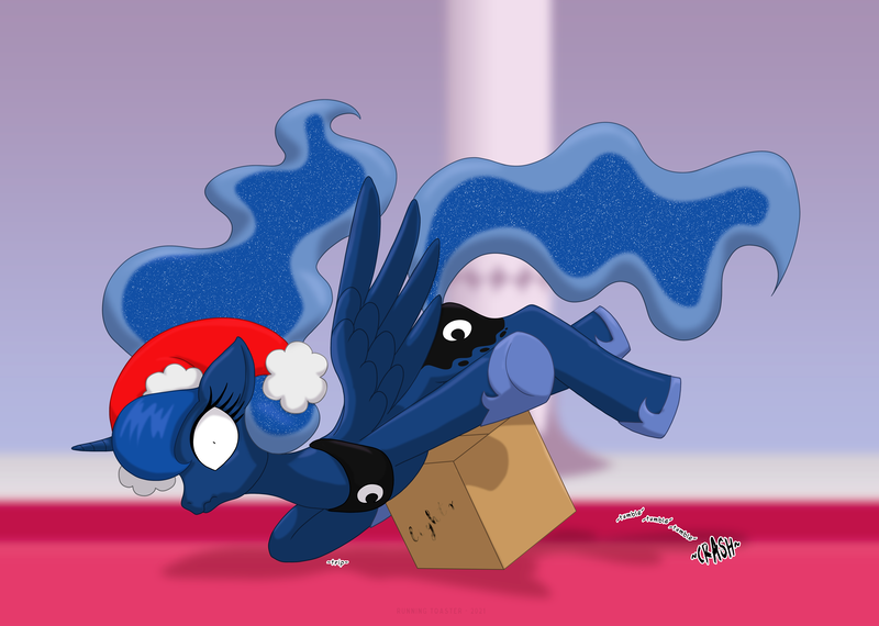 Size: 2807x2000 | Tagged: safe, artist:runningtoaster, derpibooru import, part of a set, princess luna, alicorn, pony, cardboard box, christmas, female, hat, high res, holiday, hoof shoes, image, indoors, mare, offscreen character, png, santa hat, shrunken pupils, solo, tripping, wavy mouth, wide eyes