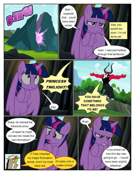 Size: 612x792 | Tagged: safe, artist:newbiespud, derpibooru import, edit, edited screencap, screencap, discord, lord tirek, alicorn, centaur, draconequus, pony, taur, comic:friendship is dragons, comic, dialogue, hiding, image, male, onomatopoeia, png, scared, screencap comic