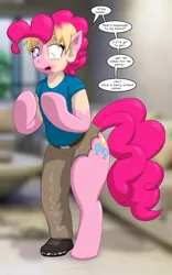 Size: 1250x2000 | Tagged: safe, alternate version, artist:runningtoaster, derpibooru import, pinkie pie, earth pony, human, pony, clothes, colored, human to pony, image, male to female, mental shift, mid-transformation, mismatched eyes, pants, png, requested art, rule 63, shoes, simple background, sketch, solo, species swap, talking, transformation, transgender transformation