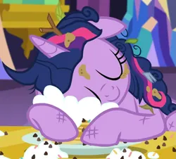 Size: 935x847 | Tagged: safe, derpibooru import, screencap, twilight sparkle, twilight sparkle (alicorn), alicorn, pony, castle sweet castle, season 5, adorkable, cropped, cuddling, cute, dirty, dork, eyes closed, female, floppy ears, food, hnnng, i'm pancake, image, majestic as fuck, mare, messy, messy mane, pancakes, png, puncake, silly, sleeping, smiling, snuggling, solo, tired, twiabetes, twilight's castle, whipped cream