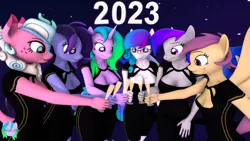 Size: 3840x2160 | Tagged: safe, artist:pootanger_sfm, derpibooru import, oc, oc:aurora starling, oc:fiona mahri, oc:inkwell stylus, oc:raven storm, oc:sugar floss, oc:violet heart, unofficial characters only, anthro, earth pony, kirin, pegasus, unicorn, alcohol, champagne, champagne glass, clothes, dress, earth pony oc, glasses, gradient mane, happy new year, holiday, horn, image, kirin oc, looking at something, new year, pegasus oc, png, unicorn oc, wine, wings