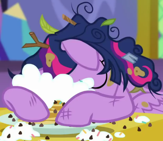 Size: 935x809 | Tagged: safe, derpibooru import, screencap, twilight sparkle, twilight sparkle (alicorn), alicorn, pony, castle sweet castle, season 5, adorkable, cropped, cuddling, cute, dirty, dork, eyes closed, female, floppy ears, food, head down, i'm pancake, image, majestic as fuck, mare, messy, messy mane, pancakes, png, puncake, sleeping, snuggling, solo, tired, twiabetes, twilight's castle, whipped cream