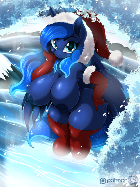 Size: 1480x1973 | Tagged: questionable, artist:suirano, derpibooru import, princess luna, alicorn, anthro, areola, big areola, big breasts, big nipples, breasts, busty princess luna, butt, christmas, clothes, eyebrows, fingerless gloves, gloves, hand on face, hand on hip, hat, hips, holiday, image, large butt, long gloves, looking at you, looking up, looking up at you, moonbutt, nipples, nudity, outdoors, png, reflection, santa hat, smiling, socks, solo, stockings, thigh highs, thighs, thunder thighs, water, wide hips, wings, winter