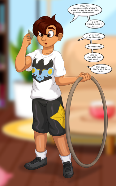 Size: 1250x2000 | Tagged: safe, artist:runningtoaster, derpibooru import, part of a set, human, luxray, clothes, commission, dialogue, eye clipping through hair, eyebrows, eyebrows visible through hair, hoop, human to anthro, image, inanimate tf, instructions, male, male to female, open mouth, plushification, png, pokémon, reading, rule 63, shirt, shoes, shorts, socks, solo, speech bubble, transformation, transformation ring, transformation sequence, transgender transformation