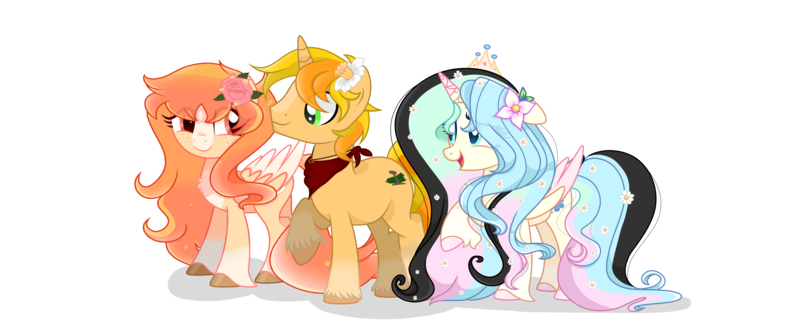 Size: 8400x3500 | Tagged: safe, artist:daisydiamond, derpibooru import, oc, oc:daisy diamond, oc:primrose tea, oc:rustic rails, unofficial characters only, alicorn, pegasus, pony, unicorn, derpibooru community collaboration, 2023 community collab, alicorn oc, female, full body, horn, image, male, mare, pegasus oc, png, simple background, smiling, stallion, standing, transparent background, trio, unicorn oc, wings