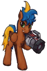 Size: 800x1200 | Tagged: safe, artist:hiddelgreyk, derpibooru import, oc, unofficial characters only, pegasus, pony, derpibooru community collaboration, 2023 community collab, blue mane, boombox, brown coat, chest fluff, cutie mark, folded wings, full body, green eyes, grin, hooves, image, looking at you, male, pegasus oc, png, simple background, smiling, solo, stallion, standing, tail, transparent background, two toned mane, two toned tail, wings