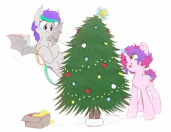 Size: 1360x1049 | Tagged: safe, artist:melodylibris, derpibooru import, oc, oc:lony, oc:melody (melodylibris), unofficial characters only, bat pony, pony, unicorn, bat pony oc, bat wings, christmas, christmas tree, decorating, duo, female, holiday, image, jpeg, mare, mouth hold, simple background, tree, white background, wings