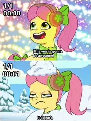 Size: 1500x1999 | Tagged: safe, derpibooru import, edit, edited screencap, screencap, posey (g5), earth pony, pony, my little pony: tell your tale, spoiler:g5, spoiler:my little pony: tell your tale, spoiler:tyts01e37, exploitable meme, g5, happy new year, holiday, image, jpeg, meme, posey bloom is not amused, posey can't catch a break, snot, snow pun intended, solo, unamused
