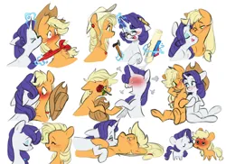Size: 6331x4621 | Tagged: safe, artist:chub-wub, derpibooru import, applejack, rarity, earth pony, pony, unicorn, absurd resolution, blushing, ear piercing, female, flower, flower in mouth, glasses, glow, glowing horn, hammer, holding hooves, horn, image, jpeg, kiss on the cheek, kissing, lesbian, looking at each other, looking at someone, magic, magic aura, mare, mouth hold, nuzzling, open mouth, open smile, piercing, rarijack, rose, rose in mouth, shipping, simple background, sitting, smiling, telekinesis, white background