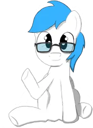 Size: 858x1174 | Tagged: safe, artist:scootaloormayfly, derpibooru import, oc, oc:blue beryl, unofficial characters only, pegasus, pony, derpibooru community collaboration, 2023 community collab, blue fur, glasses, image, looking at camera, male, pegasus oc, png, simple background, sitting, solo, transparent background, waving, white fur, wings