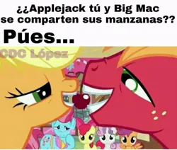 Size: 720x610 | Tagged: safe, derpibooru import, edit, apple bloom, applejack, big macintosh, cup cake, scootaloo, sweetie belle, hearts and hooves day (episode), applecest, applemac, brother and sister, cutie mark crusaders, female, image, incest, jpeg, male, shipping, siblings, spanish, straight, text
