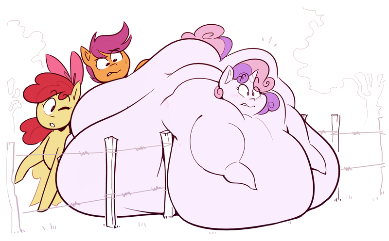 Size: 1850x1150 | Tagged: questionable, artist:secretgoombaman12345, derpibooru import, apple bloom, scootaloo, sweetie belle, earth pony, pegasus, pony, unicorn, apple bloom's bow, barbed wire, belly, big belly, blushing, bow, butt, colored, cutie mark crusaders, fat, female, fence, filly, foal, hair bow, huge belly, huge butt, image, immobile, impossibly large belly, impossibly large butt, large butt, lineart, obese, png, stuck, sweetie belle is a marshmallow too, sweetie belly