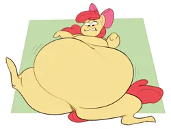 Size: 1280x970 | Tagged: suggestive, artist:secretgoombaman12345, derpibooru import, apple bloom, pony, apple blob, belly, big belly, butt, colored apple bloom, fat, huge belly, image, impossibly large belly, large belly, lying down, obese, on back, plot, png, solo