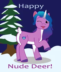 Size: 2400x2800 | Tagged: safe, artist:nebbie, derpibooru import, izzy moonbow, deer, deer pony, original species, unicorn, anus, butt, female, g5, image, looking at you, nudity, one eye closed, plot, png, raised leg, simplistic anus, snow, solo, tongue out, tree, wink