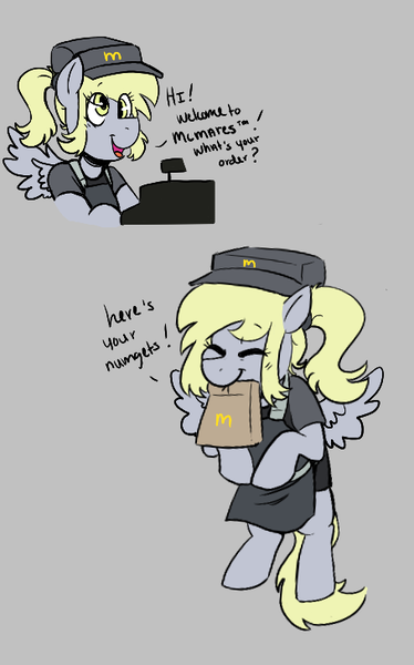 Size: 454x728 | Tagged: safe, artist:dsstoner, derpibooru import, derpy hooves, pegasus, pony, aggie.io, bag, cash register, cashier, clothes, comics, eyes closed, female, hat, image, mare, mcdonald's, mouth hold, open mouth, paper bag, png, simple background, smiling, spread wings, talking, uniform, wings
