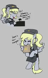 Size: 454x728 | Tagged: safe, artist:dsstoner, derpibooru import, derpy hooves, pegasus, pony, aggie.io, bag, cash register, cashier, clothes, comics, eyes closed, female, hat, image, mare, mcdonald's, mouth hold, open mouth, paper bag, png, simple background, smiling, spread wings, talking, uniform, wings