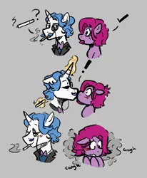 Size: 260x316 | Tagged: safe, artist:dsstoner, derpibooru import, fancypants, pinkie pie, earth pony, pony, unicorn, aggie.io, blushing, cigarette, clothes, comic, coughing, eyes closed, female, image, kissing, magic, male, mare, monocle, open mouth, pinkamena diane pie, pinkiepants, png, shipping, simple background, smoke, smoking, stallion, straight