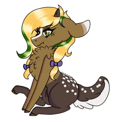 Size: 868x921 | Tagged: safe, artist:bluebellrosethepony, derpibooru import, oc, oc:vittaria black, unofficial characters only, deer, deer pony, hybrid, original species, pony, bow, chest fluff, hair bow, image, parent:bada nevada, parent:vermont black, png, pouting, sitting, solo, spots