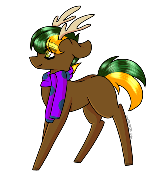 Size: 1303x1392 | Tagged: safe, artist:bluebellrosethepony, derpibooru import, oc, oc:vladimir black, unofficial characters only, deer, deer pony, hybrid, original species, pony, antlers, clothes, image, parent:bada nevada, parent:vermont black, png, scarf, smiling, solo, standing